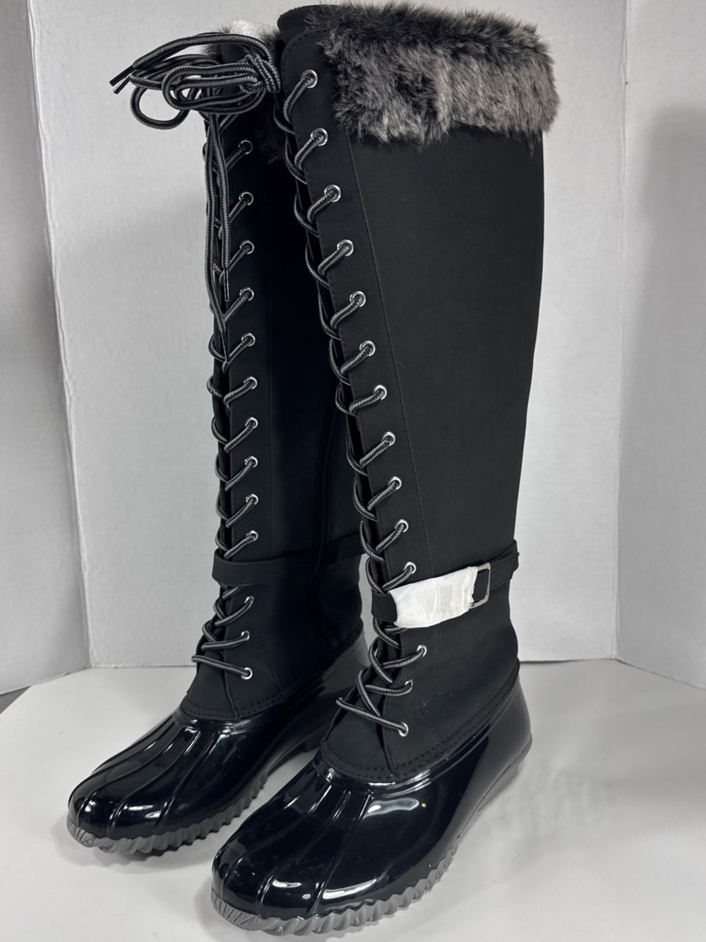 Women's Black Lace-Up Tall Winter Boots with Faux Fur Trim